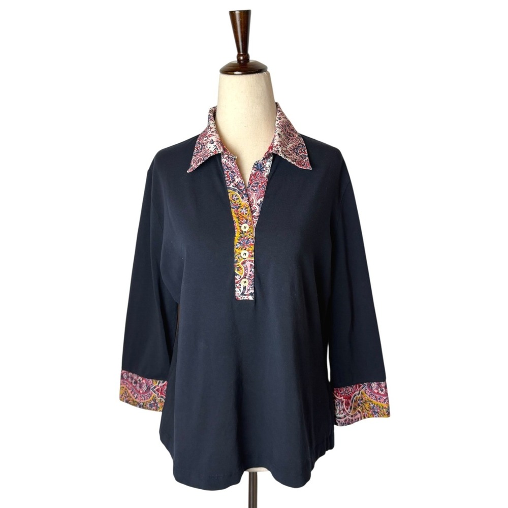 Bogner Fire And Ice Polo Top Womens 14 Navy Blue Paisley Trim Quiet Luxury